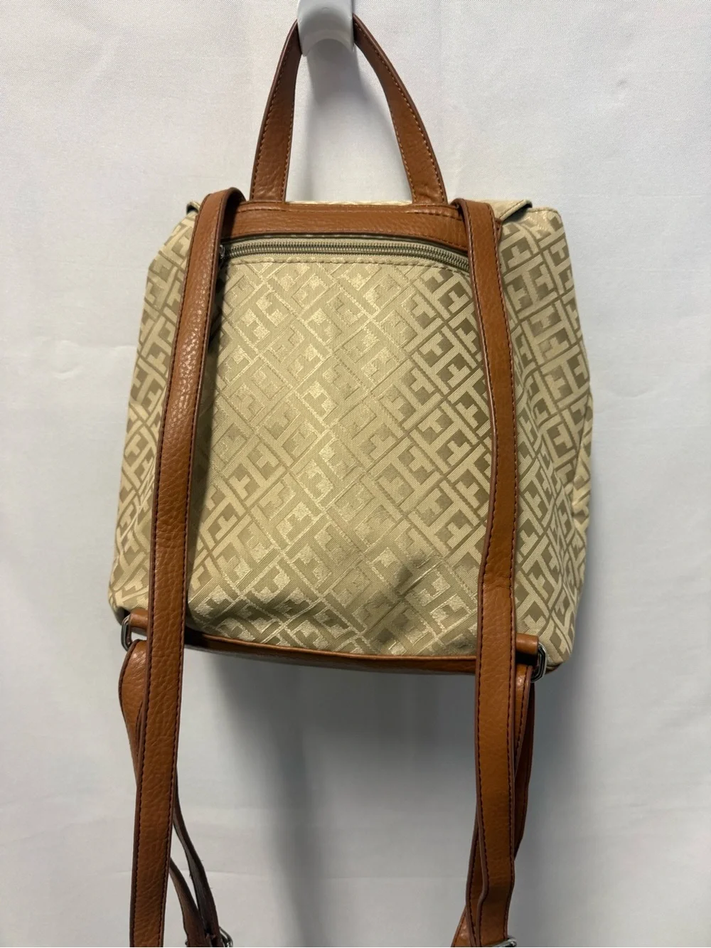 Beige Patterned Backpack with Tassel